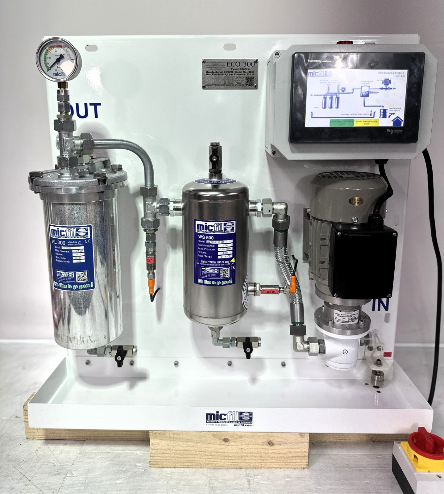 Micfil fuel-polishing-opstelling met besturing en filters
