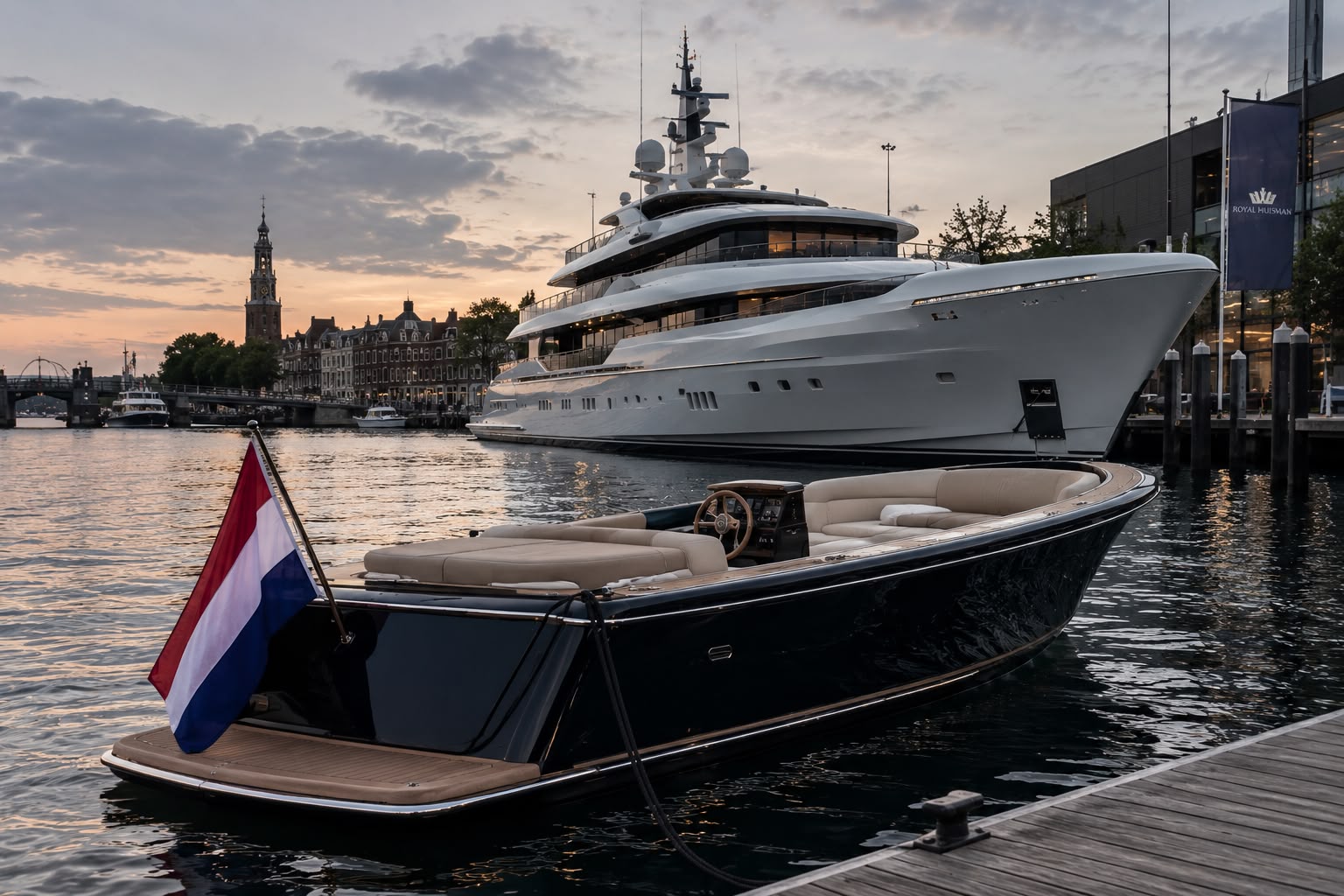 Sloep en superjacht in de haven